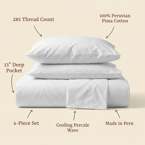 Miniatura 3 de Perú Pima – Juego de sábana de cama de 285 hilos – 100 % algodón peruano Pima – De percal Blanco