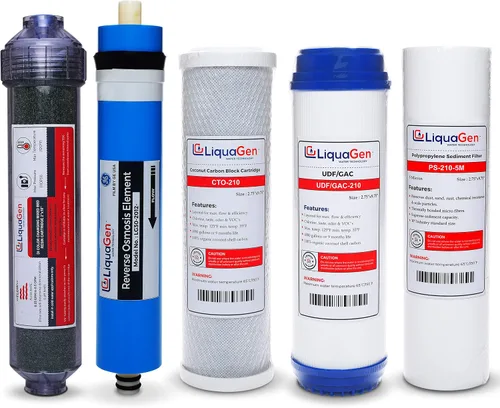 LiquaGen - Kit completo de filtro de agua de repuesto para desionización por ósmosis inversa (RODI) de 5 etapas (75 GPD) | Para agua 0 TDS |