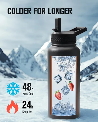 Miniatura 2 de Coolplus - Botella de agua de 32 onzas aislada, termo de agua de acero inoxidable con popote de metal de doble pared al vacío con funda de Negro