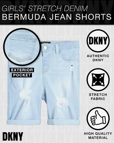 Miniatura 2 de DKNY Pantalones cortos para niña Bermudas de mezclilla elástica con botones y puños enrollables (7-14)