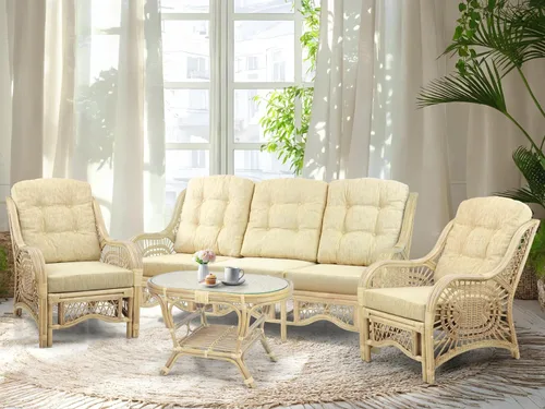 Miniatura 29 de Malibu Lounge Juego de 4: 2 sillas de mimbre de ratán natural, sofá de tres plazas con cojines marrón claro y mesa de centro con vidrio hecho a
