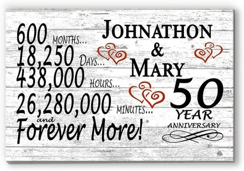 Letrero personalizado de 50 aniversario, regalo de aniversario de boda de 50 años, para días de pareja, minutos, años, madera maciza, 16.5 x 10.5 x