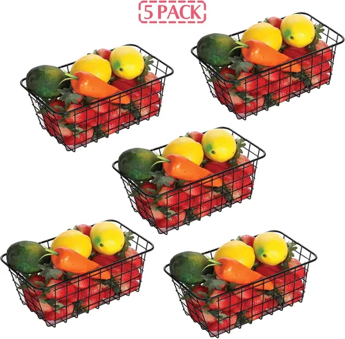 Miniatura 3 de Paquete de 5 cestas de almacenamiento de alambre para el hogar, contenedores de metal montados en la pared, contenedores organizadores para cocina