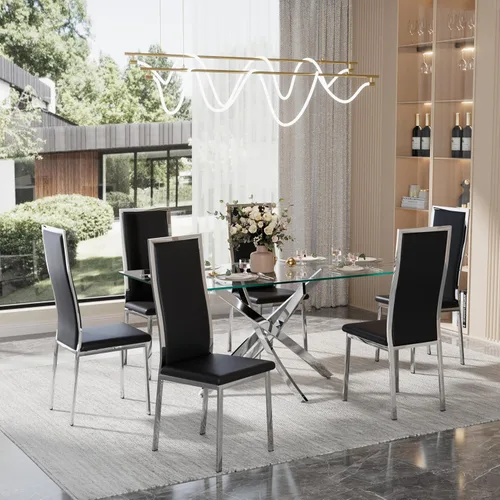 Juego de 6 sillas modernas de comedor - Piel sintética negra con patas de metal cromado plateado, diseño de respaldo alto curvo y acolchado tipo