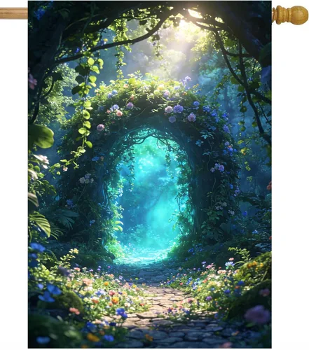 Miniatura 6 de Bandera de paisaje de fantasía, cuento de hadas, bosque, flores, puerta, jardín, patio, 12 x 18 pulgadas, poliéster de doble cara, bandera