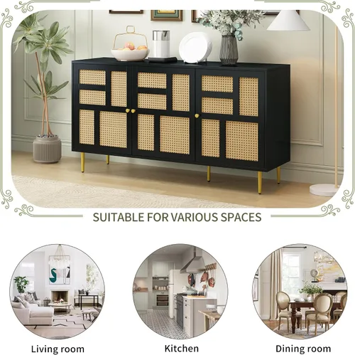 Miniatura 7 de KLMM Armario de almacenamiento moderno con puerta de ratán y estantes ajustables, soporte de TV para televisores de hasta 55 pulgadas, mesa consola