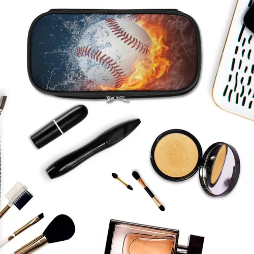 Miniatura 8 de Estuche de cuero blanco de béisbol 3D para lápices, organizador de papelería de gran capacidad, bolsa para lápices con agua y fuego para niños
