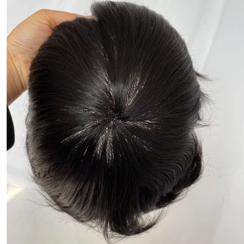 Miniatura 6 de Voloria Peluca de cabello humano europeo para hombre, 10x8 pulgadas, HD, encaje suizo, súper delgada, piel trasera, repuesto de cabello, color negro