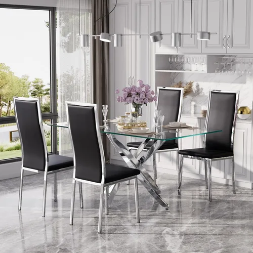 Miniatura 36 de Juego de mesa de comedor de cristal dorado moderno de 63 pulgadas para 6, juego de mesa de cocina rectangular de 7 piezas con patas de acero Negro