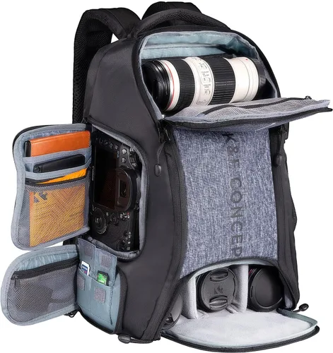 Miniatura 9 de K&F CONCEPT Mochila para cámara, bolsa de cámara de gran capacidad de 25 litros para fotógrafos con cubierta impermeable y compartimento para laptop