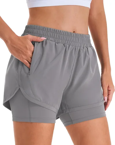 Miniatura 14 de Stelle Pantalones cortos de correr 2 en 1 para mujer, pantalones cortos deportivos de cintura alta, pantalones cortos de entrenamiento con forro