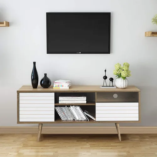 Miniatura 2 de Tangkula Soporte de TV moderno Mid-Century para televisores de hasta 70 pulgadas, mesa consola de madera con estantes de almacenamiento, gabinete