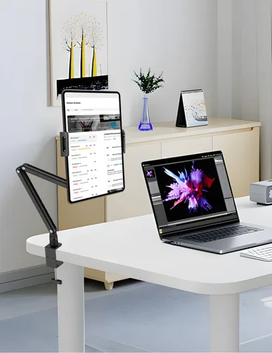 Miniatura 5 de Yumecamp - Soporte para tablet de triple brazo, soporte de aluminio resistente para iPad con abrazadera de escritorio, soporte giratorio de 360°