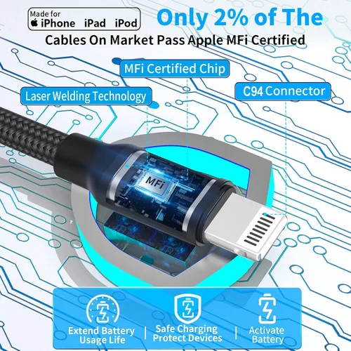 Miniatura 2 de 【Certificado MFi】Cargador rápido para iPhone de 4.8 A, cargador de coche USB dual Caiinei de 4.8 A, carga rápida, cable Lightning integrado de 6