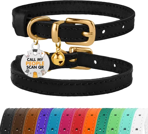 BRONZEDOG Collar de cuero para gato con campanas extraíbles sin liberación rápida, etiqueta QR para gatito para niña y niño (7" - 9" para gatos,