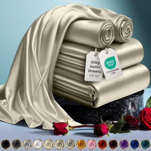 Miniatura 56 de DECOLURE Sábanas de satén para cama - Juego de 6 piezas de ropa de cama de lujo sedosa tamaño King - Más suave que la seda, sin arrugas con sábana