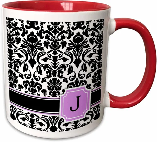 Miniatura 11 de 3dRose Letra personalizada con diseño de damasco blanco y negro con monograma, inicial personal en J - Taza negra de dos tonos, 11 onzas, 11 onzas
