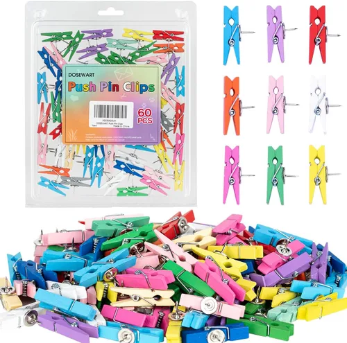 Pinzas de empuje para tablero de corcho, 60 pines coloridos con clips de madera, decorativos de colores surtidos para decoración de tablones de