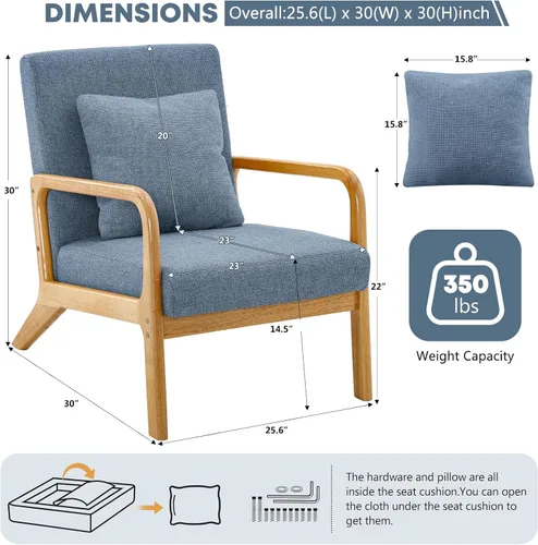 Miniatura 2 de ELUCHANG Silla decorativa moderna de mediados de siglo con almohada lumbar, sillón tapizado, tela de lino, cómoda silla auxiliar de lectura