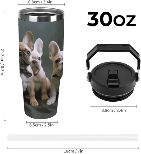 Miniatura 2 de French Bulldog Puppies Tumbler with Handle 30oz Vacuum Insulated Stainless Steel Water Bottle Leakproof Hot Coffee Travel Mug Iced Coffee Cup