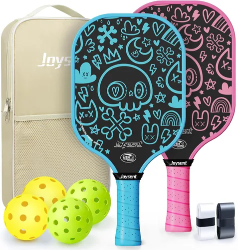 Miniatura 18 de Juego de 2 palas de pickleball aprobadas por USAPA de fibra de carbono con raquetas de pickleball para principiantes, bolas de pepinillo