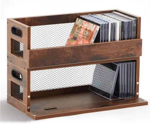 Miniatura 7 de Jetec 1 Juego Caja de Almacenamiento de CD Retro Soporte Estante Estantes de Exhibición de Metal y Madera con Asas de Transporte, Estante