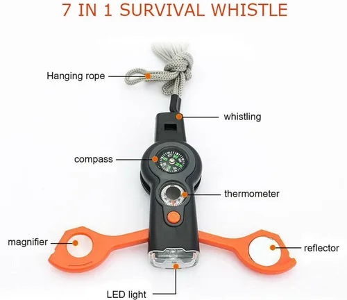 Miniatura 2 de Brújula multifunción 7 en 1, termómetro de seguridad de supervivencia al aire libre, brújula, espejo LED, lupa, multiherramienta para camping