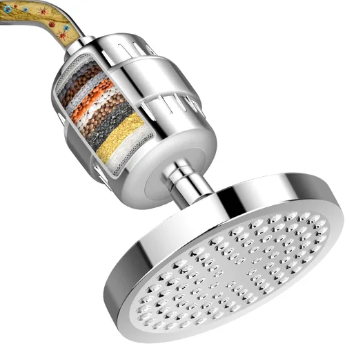 FEELSO Cabezal de ducha y filtro de ducha de 15 etapas, cabezal de ducha suavizante de agua dura de alto rendimiento con cartucho de filtro para