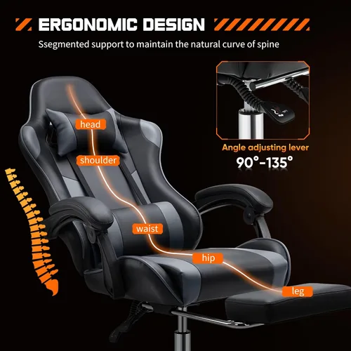 Miniatura 4 de Sweetcrispy Silla de juegos de computadora con reposapiés, silla ergonómica de cuero sintético con respaldo alto y reposacabezas ajustables y Gris
