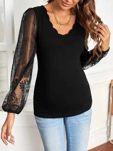 Miniatura 4 de OYOANGLE Camiseta de maternidad con cuello en V y manga de farol, malla de contraste, para mujer
