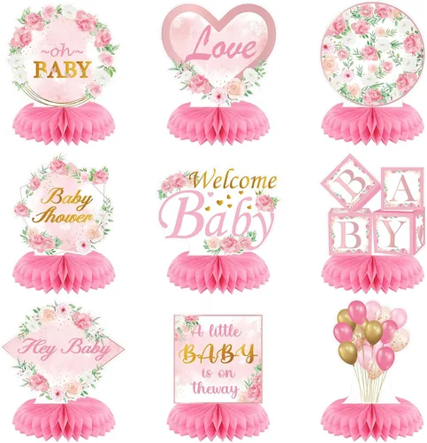 Weecent 9 piezas de centro de mesa de nido de abeja de color rosa dorado rosa para baby shower, decoración de fiesta de baby shower, decoración de