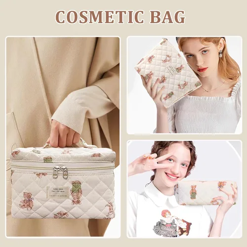 Miniatura 2 de Juego de 3 bolsas de maquillaje acolchadas de algodón, bolsa de cosméticos de algodón floral, bolsa organizadora de viaje para mujeres y niñas (oso)
