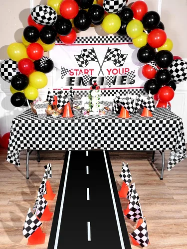 Miniatura 4 de Suministros de cumpleaños para fiesta de autos de carreras, tapete para correr de pista de carreras, mantel de carreras, pancarta a cuadros, 12