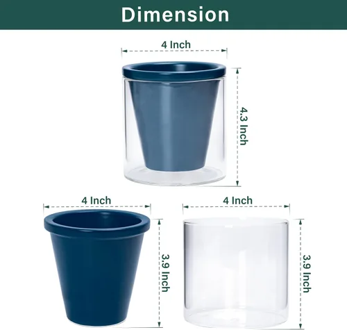 Miniatura 2 de D'vine Dev Maceta de Diseño de Riego Automático de 4 Pulgadas para Plantas de Interior, Maceta de Terracota Azul con Vaso Cilíndrico de Vidrio