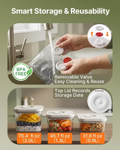Miniatura 7 de FEPPO Sellador al vacío compacto para alimentos (máquina selladora al vacío + 3 recipientes + 10 bolsas reutilizables), potente sellador