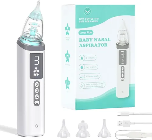 Miniatura 9 de Aspirador nasal para bebé, aspirador nasal eléctrico para bebé, para aliviar la congestión nasal, limpiador de nariz con 3 puntas de silicona, nivel