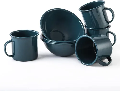 Miniatura 6 de Cinsa Juego de vajilla esmaltada de 16 piezas para 4. Incluye platos, cuencos, tazas, caldera de café