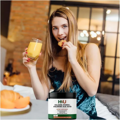 Miniatura 6 de H4U Polvo de péptidos de colágeno Plus con vitamina C y ácido hialurónico y biotina con mezcla de belleza; para hidratación de la piel; cabello