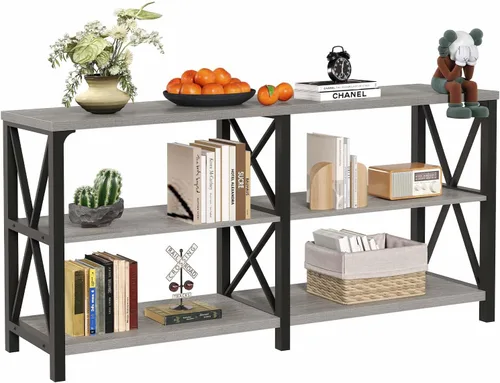 Miniatura 9 de LVB Mesa de Entrada Industrial, Mesa Consola Rústica de Granja Detrás del Sofá, Mesa Larga de Sofá de Madera y Metal con Estante de Almacenamiento