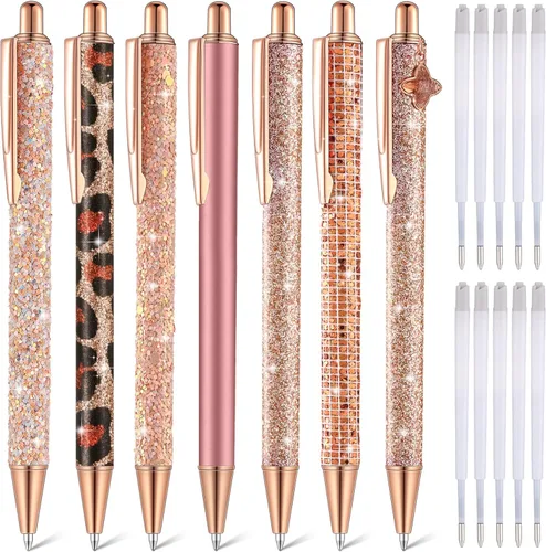 Miniatura 9 de Sherr 7 bolígrafos elegantes para mujer, lindos bolígrafos de purpurina brillantes con 10 recambios de tinta negra, bonitos regalos para niñas