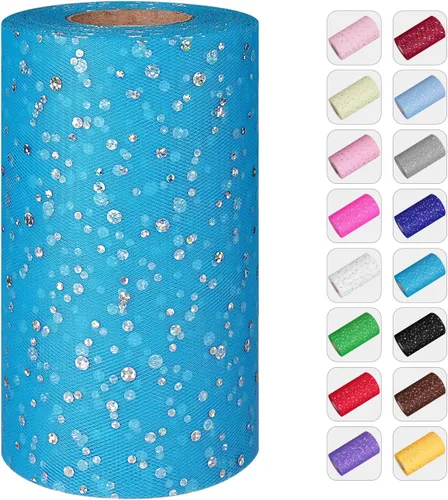 Miniatura 19 de Rollos de tul con purpurina, 6 pulgadas por 50 yardas (150 pies) de tela de tul de tela de tul para faldas tutú, costura, cumpleaños, boda, Azul real