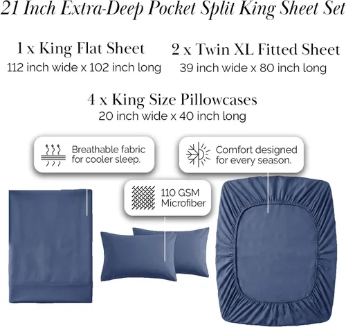 Miniatura 323 de Southshore Fine Living, Inc. Juego de 7 piezas de sábanas King divididas para cama ajustable, juego de sábanas King divididas con bolsillo de 21