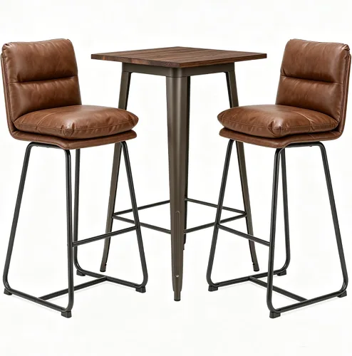 Miniatura 10 de Glitzhome Juego de mesa y sillas de comedor, mesa redonda de acero negro con parte superior de madera de olmo sólido y taburetes de bar de cuero