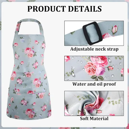 Miniatura 3 de 2 Pack Floral Apron, Adjustable Waterproof Aprons with 2 Pockets Cute Apron for Kitchen, Baking for Mom Wife Sister