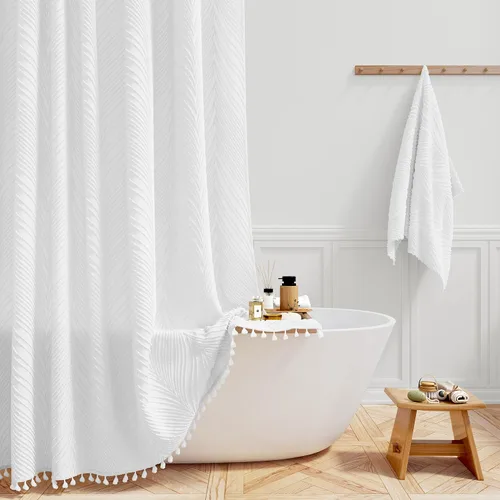 Miniatura 9 de BTTN Cortina de ducha bohemia de 36 x 72 pulgadas, con textura de hojas copetudas y borlas y 6 ganchos, cortinas de ducha modernas estilo rústico