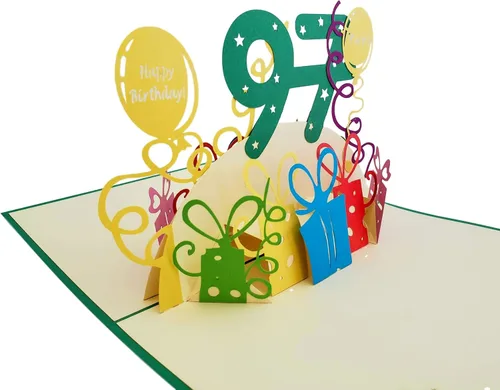 Miniatura 4 de iGifts And Cards Tarjeta desplegable 3D de cumpleaños 97, regalos coloridos y celebración de hitos de globos, saludo sincero para personas mayores
