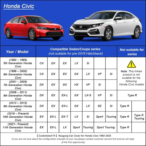 Miniatura 5 de Kaugung - Funda de automóvil impermeable de ajuste personalizado para Honda Civic (1995-2025), cubierta exterior completa para automóviles, ligera
