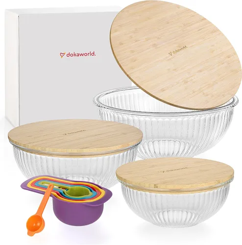 Miniatura 9 de Juego apilable de ahorro de espacio de 3 cuencos de vidrio con tapas de bambú para preparación de alimentos, almacenamiento, mezcla y cocina - Apto