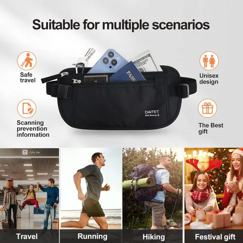 Miniatura 5 de DAITET Cinturón de dinero, soporte para pasaporte, cartera de viaje oculta segura con bloqueo RFID, riñonera encubierta (negro), Negro, Rfid