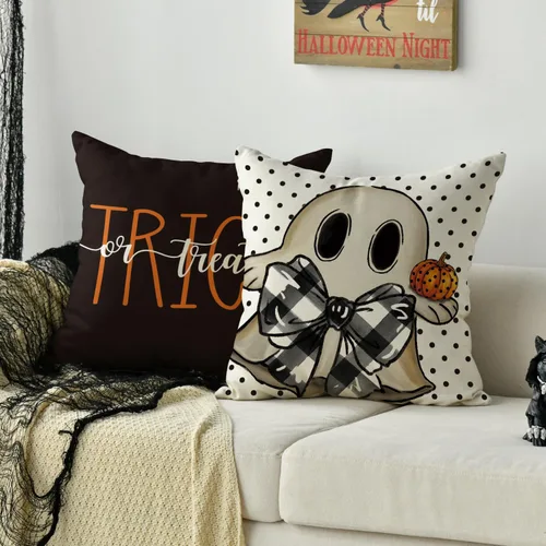 Miniatura 5 de AVOIN colorlife Happy Halloween - Juego de 4 fundas de almohada de 16 x 16 pulgadas, con diseño de fantasmas, diseño de murciélagos y calabaza